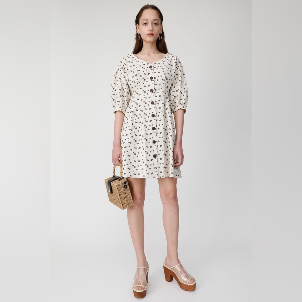 MOUSSY Linen-Cotton Button Up Dress with Floral Design (US 2)